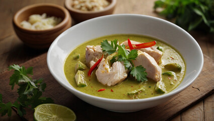 Wall Mural - Green curry, large and soft chicken breast, sprinkled with parsley.