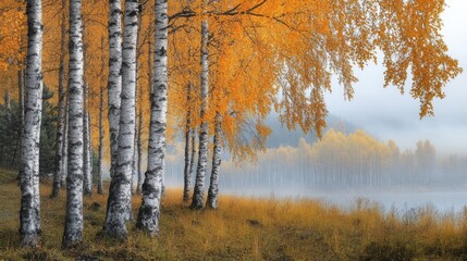 Wall Mural - Autumn landscape with birch trees. Ai generation