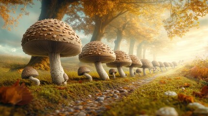 Wall Mural - A group of mushrooms growing in a field next to trees, AI