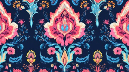 Wall Mural - Ikat floral paisley embroidery seamless pattern on background. Ikat ethnic flower oriental pattern traditional. Aztec style abstract vector illustration. design for ikat floral fashion fabric,clothing