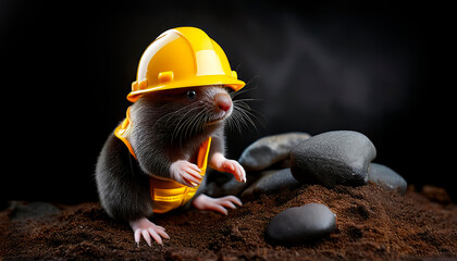 Cute mole with yellow hard hat and working suit in a tunnel