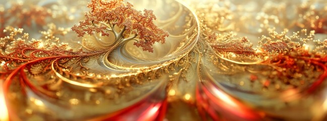 Intricate Golden and Red Abstract Nature Scene with Tree and Swirls