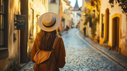 Woman exploring narrow cobblestone streets of an old European town with historic buildings, wearing casual travel attire, a hat, and carrying a camera. 