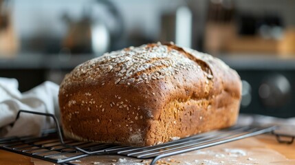 A loaf of homemade whole grain bread cooling on a wire rack, with a kitchen background