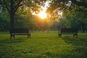 Wall Mural - Two Empty Benches Facing Each Other in a Park at Sunset