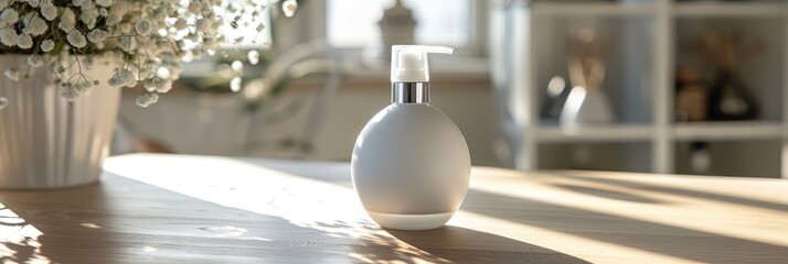 Wall Mural - A glossy white bottle resting on a table, showcasing a facial enhancement product with a shiny orb design, highlighting upscale beauty in an intricate promotional image.