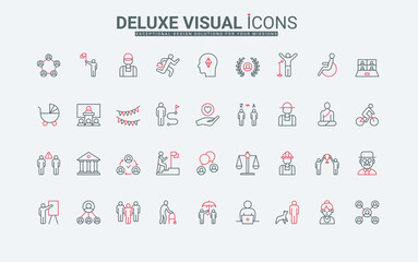 Community analysis, lifestyle and online communication, team relations line icons set. Way from newborn to elderly person, work and training thin black and red outline symbols vector illustration