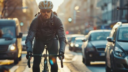 Wall Mural - A man in a black jacket rides a bicycle in city traffic during rush hour, distinct with his white helmet and black beard. Busy city scene with bikes and cars.