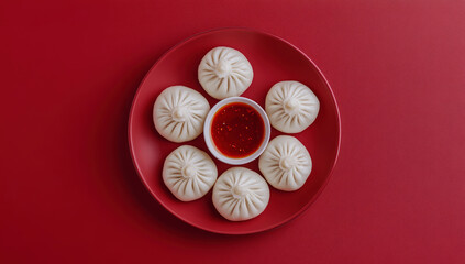 Steamed pork bao dumplings served on a red plate, isolated against a red background. Chinese new year concept