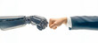 © Marek - Fotografía de la mano de un hombre de negocios chocando el puño con un robot sobre un fondo blanco, vista en primer plano. Concepto de inteligencia artificial y el futuro de la tecnología. La foto fue