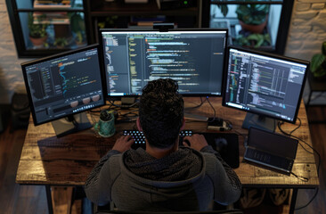 Top view of an IT professional working on two monitors, coding in the office.