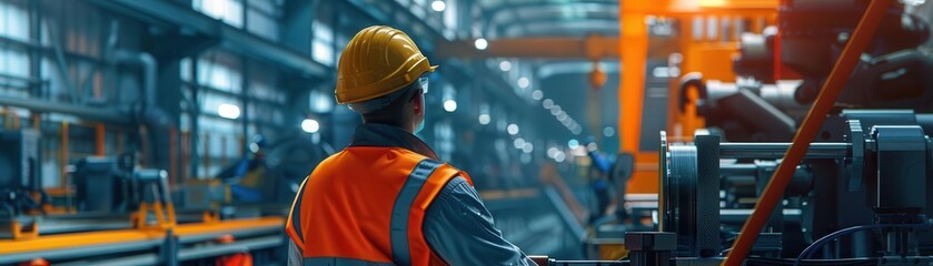 Worker in an industrial warehouse operating heavy machinery with advanced equipment and safety gear.