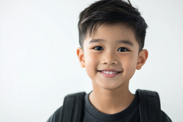 Asian teenage student carrying school bag on white background, student happy back to school