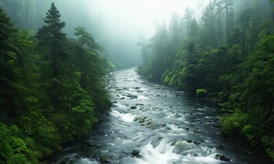 Poster - Serene Forest River with Raindrops Creating Ripples Amid Light Rainfall