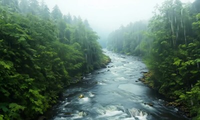 Poster - Serene Forest River with Raindrops Creating Ripples Amid Light Rainfall