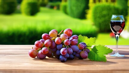 wine glass and grapes on wooden table with garden background on the sunset