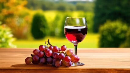 wine glass and grapes on wooden table with garden background on the sunset