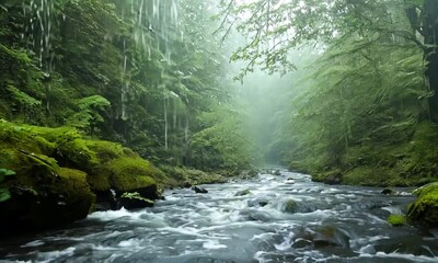 Poster - Serene Forest River with Raindrops Creating Ripples Amid Light Rainfall