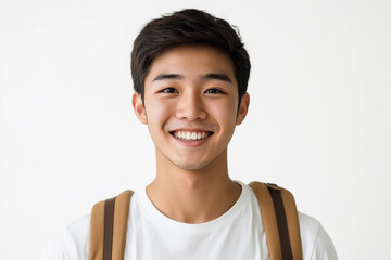 Asian teenage student carrying school bag on white background, student happy back to school