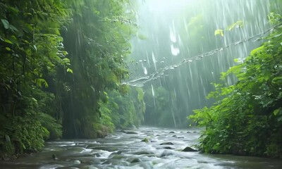 Poster - Serene Forest River with Raindrops Creating Ripples Amid Light Rainfall