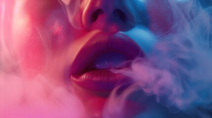 A close-up of lips surrounded by a dreamy, colorful mist in pink and blue hues, creating a sensual, mysterious vibe.