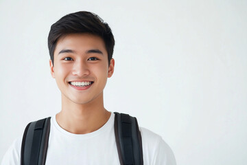 Asian teenage student carrying school bag on white background, student happy back to school