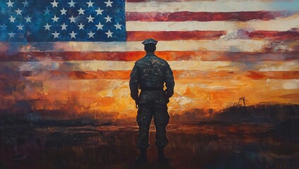 A soldier stands in front of an American flag, painted with thick brushstrokes, symbolizing service and patriotism.