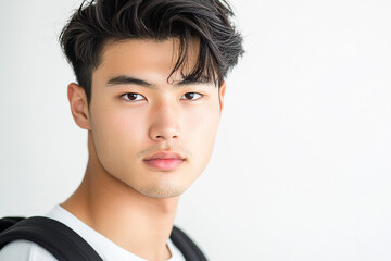 Asian teenage student carrying school bag on white background, student happy back to school