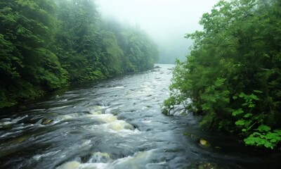 Poster - Serene Forest River with Raindrops Creating Ripples Amid Light Rainfall