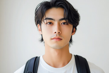 Asian teenage student carrying school bag on white background, student happy back to school