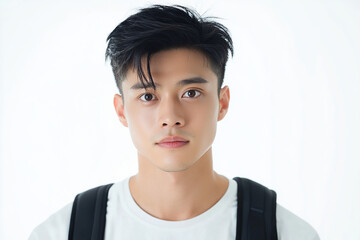 Asian teenage student carrying school bag on white background, student happy back to school