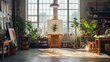 © Lamina - loft transformed into a creative studio, with art supplies, an easel, and large windows providing natural light for artistic endeavors