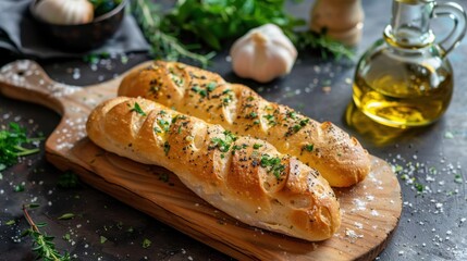 Wall Mural - Freshly baked ciabatta bread with herbs, olive oil, and garlic, set on a wooden board