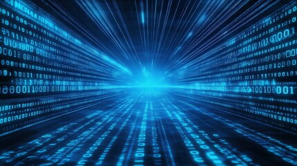 Wall Mural - futuristic digital landscape, immersive 3d space filled with flowing blue numerical code, blending e