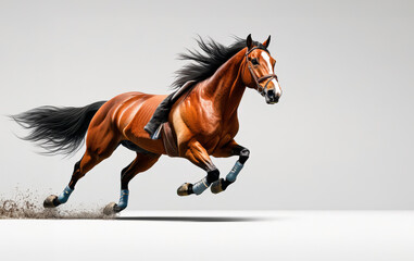 A powerful horse gallops gracefully across a minimalist background, showcasing speed and elegance in motion.