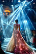 © tynza - Runway model strutting down the catwalk in a high-fashion evening gown, with spotlights highlighting the intricate details of the dress.