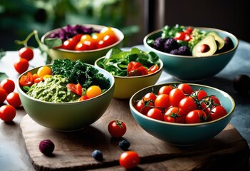 Wall Mural - vibrant plant based dishes displayed colorful bowls highlighting fresh ingredients artful presentation, plate, vegetable, meal, cuisine, healthy, salad