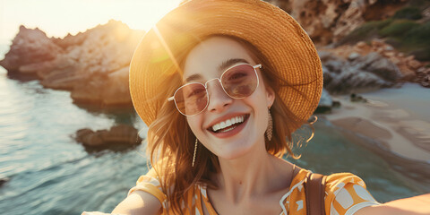 Wall Mural - Beautiful woman with sunglasses, hat and a beautiful smile