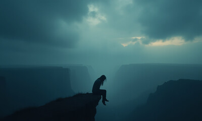 A solitary woman sits on the edge of a cliff, her posture slumped in deep sadness