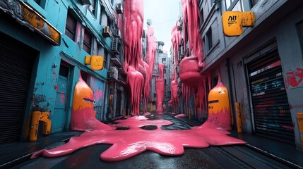 Urban alleyway with bright pink fluid melting down buildings, creating a surreal and abstract street scene with graffiti on walls and vibrant colors.