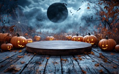 Wall Mural - A spooky Halloween scene with carved pumpkins, a full moon, and autumn foliage.