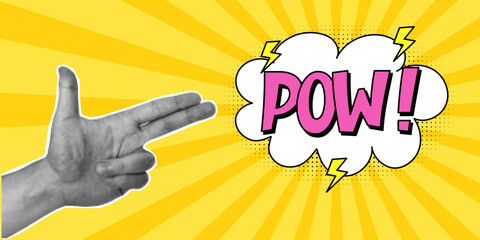 Halftone collage, hand gesture in the shape of a gun, speech bubble with expressive pink inscriptions pow, cloud in a comic style. Pop art yellow retro banner, two fingers, arm, cut out of paper.