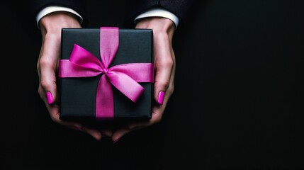 Wall Mural - An Elegant Gift Presentation Featuring a Beautiful Pink Ribbon on a Striking Black Background