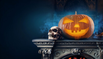 halloween background space text featuring spooky pumpkin old skull ancient gothic fireplace evoking themes witchcraft magic