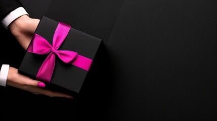 A person holds a beautiful black gift box with a pink bow