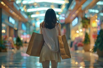 A woman in casual attire, carrying shopping bags, walks through an indoor mall The camera focuses on the bags and her Generative AI