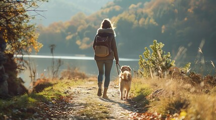 Woman walking her dog along a scenic trail, highlighting the bond between pets and their owners.