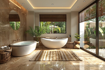 Wall Mural - Contemporary bathroom with a freestanding bathtub, lush indoor plants, floor-to-ceiling windows, and warm brown marble accents.