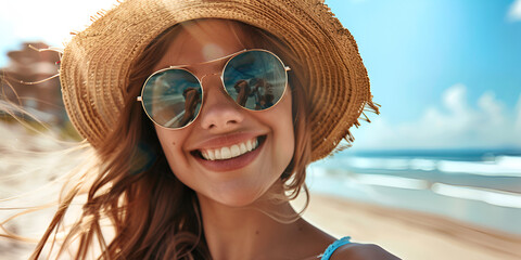 Beautiful woman with sunglasses, hat and a beautiful smile