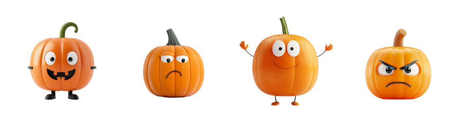 Sticker - A collection of animated pumpkins with various facial expressions, isolated on a transparent background, perfect for Halloween-themed designs